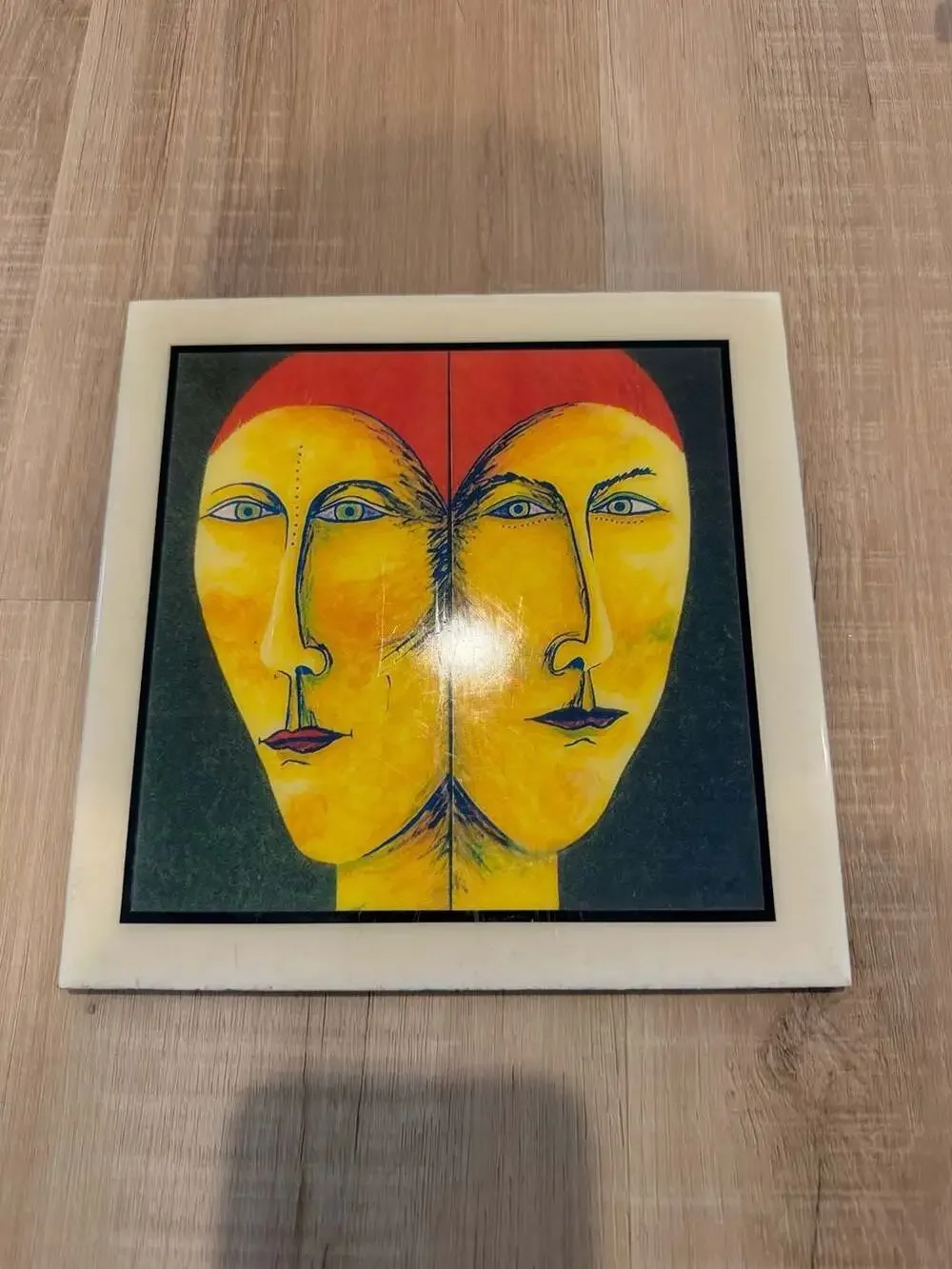 Vintage Amado Pena Abstract Cubist Portrait Ceramic Art Tile - Dual Face Moderni